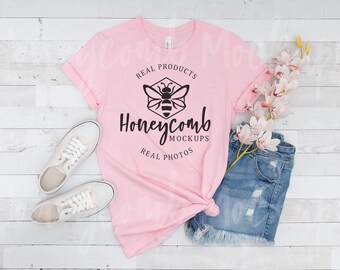 Bella Canvas 3001 Pink Mockup, Bella Canvas Pink T-Shirt Mockup, Pink 3001 Mockup, Pink 3001 Spring Flat Lay Mockup, Bella Canvas Mockup
