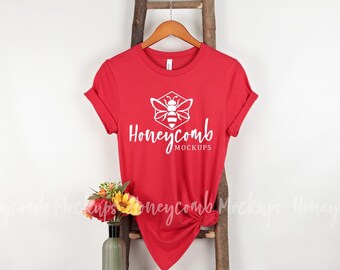 Red Bella Canvas 3001 Mockup, Bella Canvas Mockup, 3001 Mockup, Valentines Day Mockup, Hanging Mockup, Red Tshirt Mockup, Bella Canvas Red