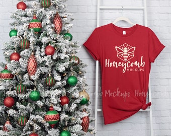 Canvas Red 3001 Christmas Mockup, Bella Canvas 3001 Canvas Red Mockup, Hanging Mockup, Holiday Mockup, Bella Canvas Mockup, Red Shirt Mockup