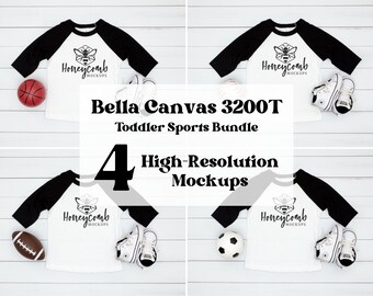 Kids Bella Canvas 3200T Mockup Bundle, Toddler Baseball Tee Mockup, Toddler Raglan Mockup, White Black 3/4 Sleeve Baseball Tee Raglan Mockup