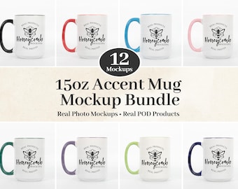 15oz Accent Mug Mockup Bundle, 15oz Colorful Mug Mockup Bundle, Two-Tone Mug Mockup, 15oz Pink Accent Mug, Black Accent Mug, Red Accent Mug
