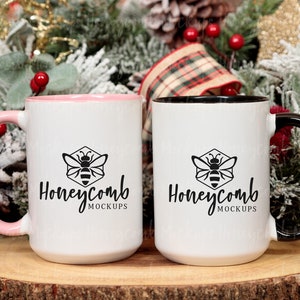 15oz Pink Accent Mug Mockup, 15oz Black Accent Mug Mockup, Christmas Accent Mug Mockup, Two Mugs Mockup, Matching Mugs Mockup, Side By Side