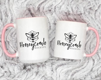 11oz and 15oz Pink Accent Mug Mockup, Pink Handle Mug Mockup, Two Mugs Mockup, Mug Size Comparison Mockup, Cozy Mug Mockup, Styled Mug Photo