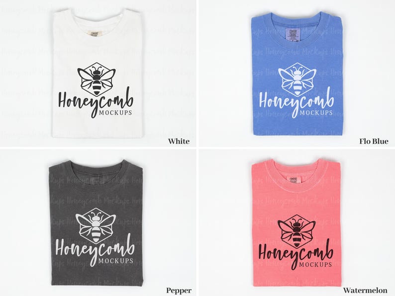 May include: Four folded t-shirts in different colors: white, flo blue, pepper, and watermelon. Each shirt has a black and white bee graphic with the text "Honeycomb Mockups".