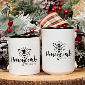 11oz and 15oz Black Accent Mug Mockup, Christmas Mug Mockup, Black Handle Mug Mockup, Two Mugs Mockup, Mug Size Comparison, Holiday Mockup