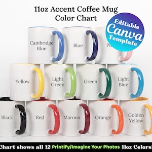 Pode incluir: Carta de cores que mostra 12 canecas de café de acento de 11 oz diferentes com diferentes cores de alças e bordas. As canecas estão dispostas em três filas de quatro. As cores incluem: Azul Cambridge, Azul, Amarelo, Verde claro, Verde, Azul claro, Preto, Vermelho, Marrom, Laranja, Amarelo dourado e Rosa.