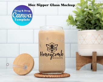 16oz Glass Can Mockup Canva Template, 16oz Sipper Glass Mockup, Printify Glass Can Mockup, Glass Can Canva Template, Iced Coffee Mockup