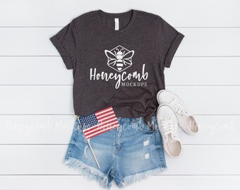 4th of July Mockup, Bella Canvas 3001 Heather Dark Grey Mockup, July Fourth Mockup, Patriotic Mockup, Bella Canvas Mockup, Grey Shirt Mockup