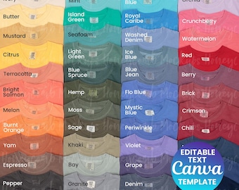 Comfort Colors 1717 Color Chart Mockup for Printify, Editable Canva CC1717 Template with 52 Colors, 1717 Shirt Color Guide for POD