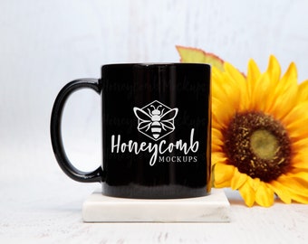 11oz Black Mug Mockup, Mug Mock Up,  Sunflower Mug Mockup, Coffee Mug Mockup, Coffee Cup Mockup, Styled Mug Photo, Summer Fall Mug Mockup