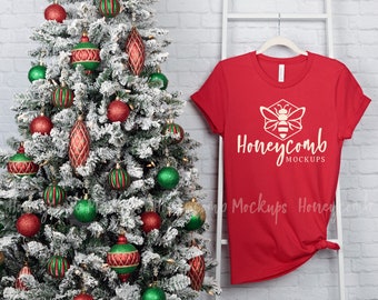Red 3001 Christmas Mockup, Bella Canvas 3001 Red Mockup, Hanging Mockup, Holiday Mockup, Bella Canvas Mockup, Red T-Shirt Mockup, BC3001 Red