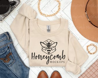 Gildan 18000 Sand Mockup, Sand Sweatshirt Mockup, Folded Sweatshirt Mockup, G180 Sand Mockup, Gildan Sweatshirt Mockup, Womens Mockup