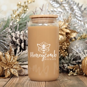 Glass Can Christmas Mockup, 16oz Glass Beer Can Mockup, Libbey Glass Mockup, Christmas Glass Can Mockup, Coffee Mockup, Glass Tumbler Mockup