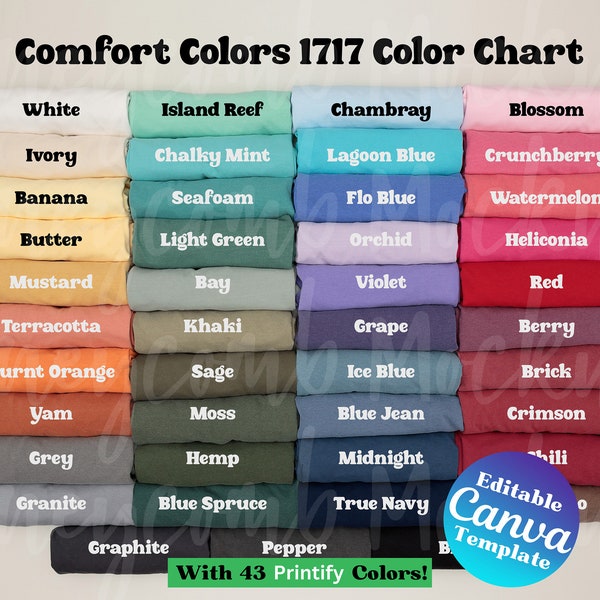 Comfort Colors 1717 Color Chart for Printify Users, Editable Canva Template Color Chart C1717, Printify Color Chart, 1717 Color Chart Mockup