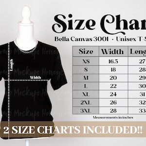 3001 Size Chart, Size Chart for 3001 Bella Canvas, Size Chart Mockup, 3001 Sizing Guide, Size Chart for T-Shirts, Black 3001 Sizing Chart