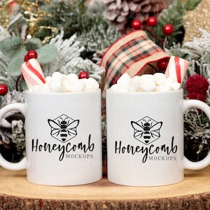 Two 11oz White Mugs Mockup, Christmas White Mug Mockup, Hot Cocoa Mug Mockup, Two Mugs Mockup, Matching Mugs Mockup, Side By Side Mug Mockup