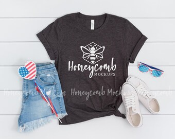 4th of July Mockup, Heather Dark Grey Bella Canvas 3001 Mockup, July Fourth Mockup, Patriotic Mockup, Bella Canvas Mockup, Grey Shirt Mockup