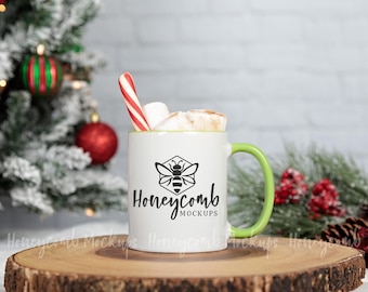 11oz Green Accent Mug Mockup, Christmas Mug Mockup, Hot Cocoa Mockup, Green Handle Mug Mockup, Styled Stock Photo, JPEG Digital Download,