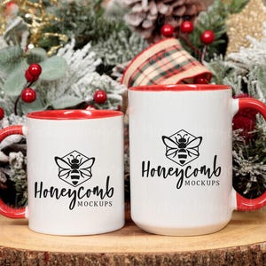 11oz and 15oz Red Accent Mug Mockup, Christmas Accent Mug Mockup, Red Handle Mug Mockup, Two Mugs Mockup, Mug Size Comparison, Mug Mock Up image 1