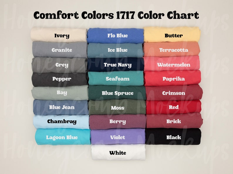 Op de afbeelding: Kleurenkaart met 18 verschillende kleuren Comfort Colors 1717 stof. De kleuren zijn gerangschikt in drie kolommen, met de namen van elke kleur gedrukt onder de stofstalen.
