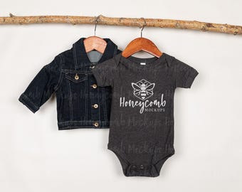 Bella Canvas 100B Heather Dark Grey Mockup, Baby Bodysuit Mockup, Dark Grey One Piece Mockup, Hanging Baby Mockup, Bella Canvas 100B Mockup