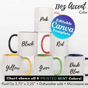 Maqueta de carta de colores para taza de 11 oz para usuarios de Mint, plantilla editable de carta de colores para tazas de Canva, carta de colores para tazas de 11 oz