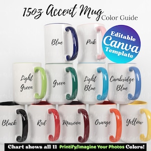 Maqueta de la carta de colores de la taza de 15 oz "Imagina tus fotos" de Printify, plantilla de Canva para la carta de colores de la taza de 15 oz, guía de colores para la taza de 15 oz