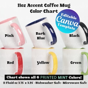 Maqueta de taza de 11 oz con carta de colores para usuarios de Printed Mint, guía de colores para maqueta de taza de 11 oz con carta de colores, plantilla editable de Canva para carta de colores de taza