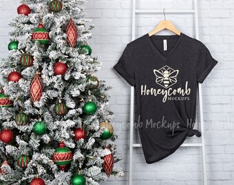 3005 Christmas Mockup, Heather Dark Grey 3005 V-Neck Mockup, Bella Canvas Mockup, 3005 Mockup, Hanging Holiday Mockup, V-Neck Shirt Mockup