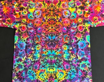 2XL Split Color Psychedelic confetti  Kenney Style tie dye shirt. Handmade rainbow goodness.