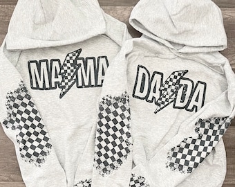 Checkered Mama or Dada sweatshirt, retro mama hooded sweatshirt, Moto Sweatshirt, Race mom, Race Dad, gift for her or him