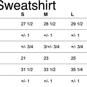 Puede incluir: Tabla de tallas de sudadera con medidas en pulgadas para la longitud del cuerpo, el ancho del pecho, la longitud de la manga y la tolerancia para cada medida. Las tallas incluyen S, M, L, XL, 2XL y 3XL.
