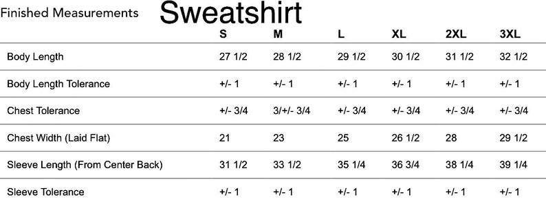 Puede incluir: Tabla de tallas de sudadera con medidas en pulgadas para la longitud del cuerpo, el ancho del pecho, la longitud de la manga y la tolerancia para cada medida. Las tallas incluyen S, M, L, XL, 2XL y 3XL.