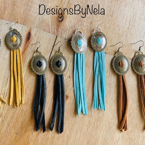 Concho Fringe Earrings, Western Statement Boho Earrings, Tassel Leather Earrings, Leather Lace Earrings, Available in many colors