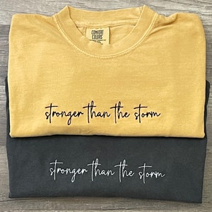Embroidered Stronger than the storm graphic tee, inspirational tee shirt, faith graphic tee, available in several colors