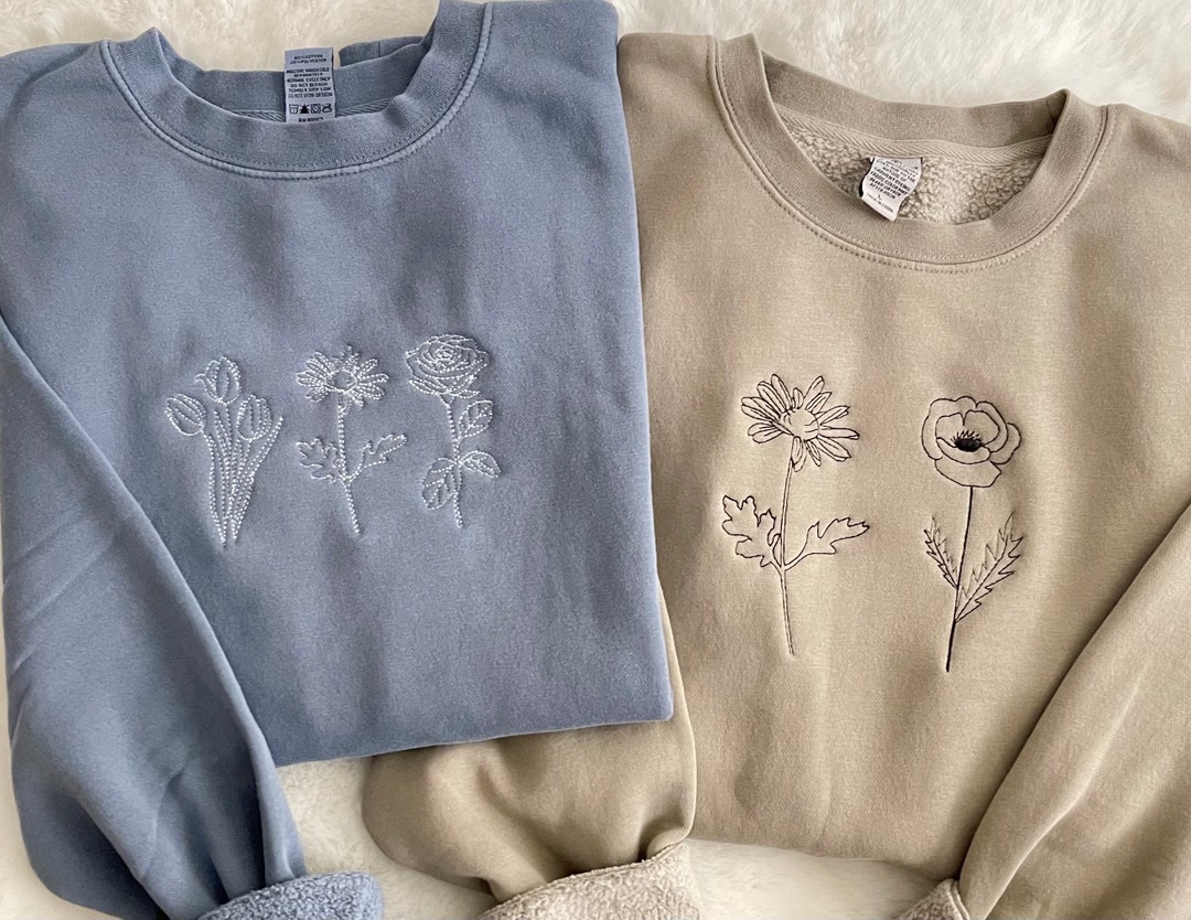 Embroidered Birth Month Flower Swetashirt, Birth Month Flower