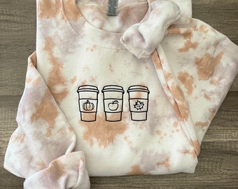 Embroidered fall coffee cups tie dye sweatshirt, fall sweatshirt, tie dye sweatshirt, gift for her