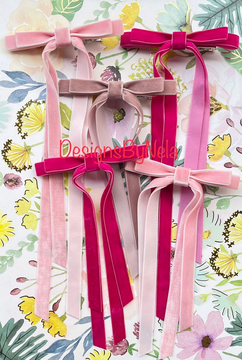 Velvet Skinny Long Bows ,Long Tail Skinny Velvet Bow, Double tail skinny velvet bows, Several colors available image 2