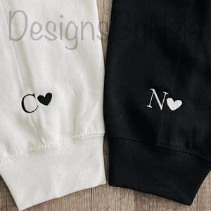 Custom embroidered initial heart sweatshirt, Couple initials sweatshirt, Anniversary, Couple shirt, Initial on sleeve