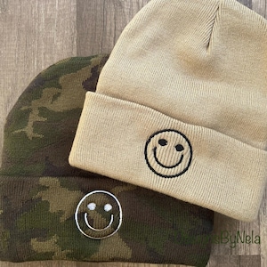 Embroidered happy face knit beanie hat, embroidered beanie , embroidered fall beanie , gift