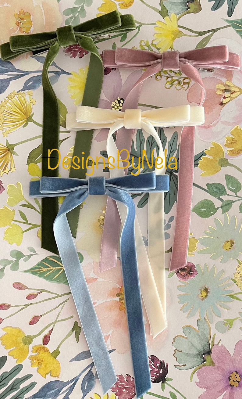 Velvet Skinny Long Bows ,Long Tail Skinny Velvet Bow, Double tail skinny velvet bows, Several colors available image 1