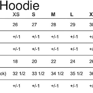May include: A white chart displays hoodie measurements, including body length, chest width, and sleeve length, in inches. Sizes range from XS to 4XL. The text "Hoodie" is at the top.
