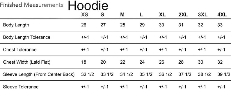 May include: A white chart displays hoodie measurements, including body length, chest width, and sleeve length, in inches. Sizes range from XS to 4XL. The text "Hoodie" is at the top.