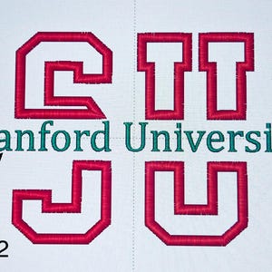 May include: Embroidered design featuring the letters "SU" in red, with "Stanford University" in teal beneath. The design is on a white background, showcasing the university's name and initials in a bold, collegiate style.