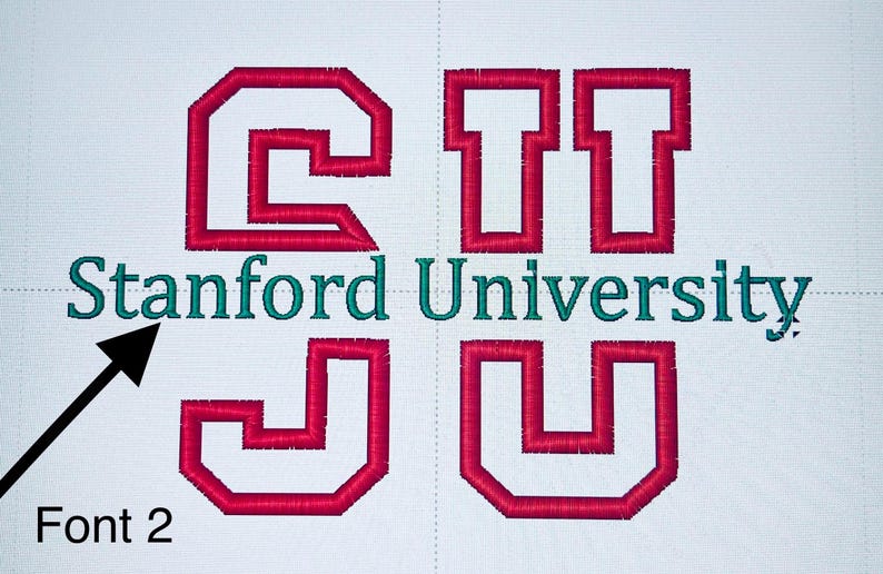May include: Embroidered design featuring the letters "SU" in red, with "Stanford University" in teal beneath. The design is on a white background, showcasing the university's name and initials in a bold, collegiate style.