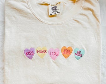 Embroidered coversations hearts tee shirt, Valentine’s Day shirt, heart tee shirt , gift for her