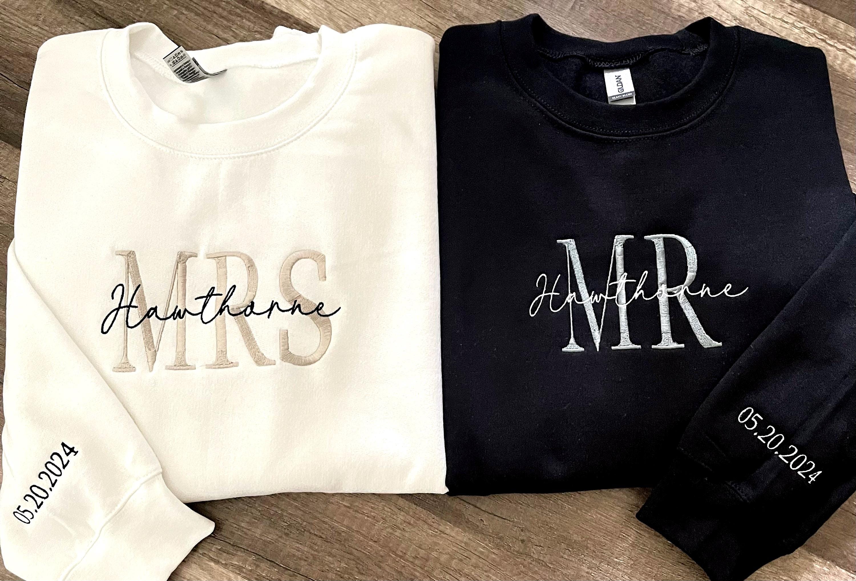 Custom Mrs. embroidered sweatshirt, hubby wifey shirt,bride to be, future Mrs. and Mr. hoodie,engagement gift,wedding gift,date on sleeve