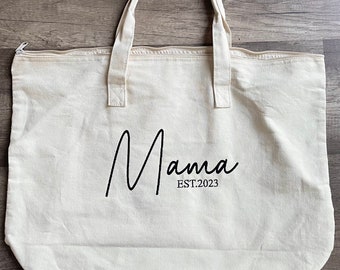 Custom Mama Est. Embroidered tote bag, large mama tote bag, embroidered mama tote bag,diaper bag, gift for mom