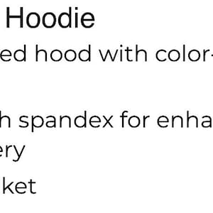 May include: Text on a white background lists features of a hoodie. The features include a classic fit, double-lined hood with a color-matched drawcord, 1x1 rib with spandex, and a pouch pocket.
