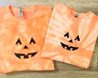 Embroidered Jack-O-Lantern Halloween Shirt, Pumpkin face tie dye sweatshirt, Spooky Season, Halloween ,Youth and Adult sizes